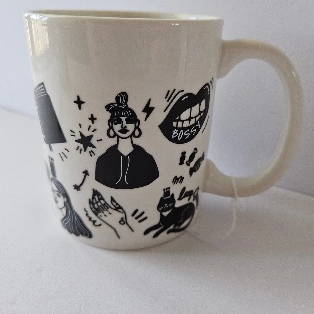 RARE ERNESTO Girl Power Ceramic Coffee Mug Cup Black Cat Lazy Queen Slay‎ Bossy